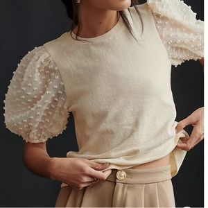 Maeve Anthropology Cream Puff-Sleeve Textured Knit Top